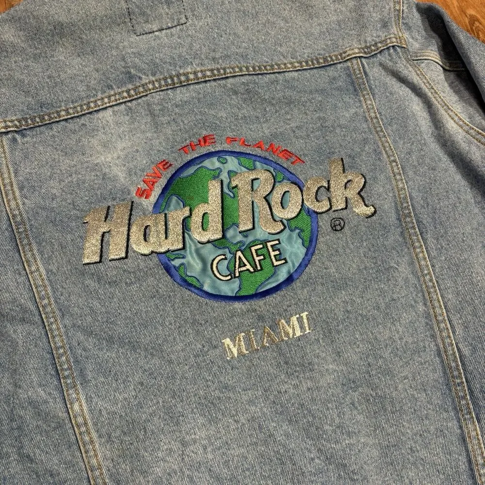 Vintage Hard Rock Cafe Miami Denim Jacket 90s Acid Light Wash Mens M Embroidered